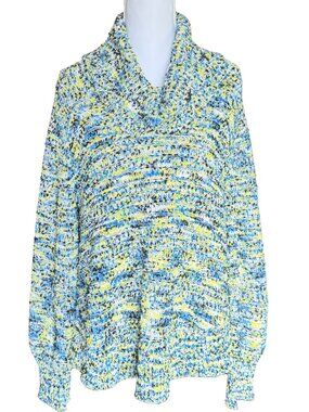 Women's 1X Cowl Neck Knit Sweater Blue Yellow Skye's The Limit Pullover